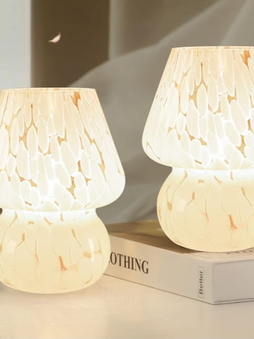 2 Brand New Glass Mushroom Table Lamp - Cream Lighting